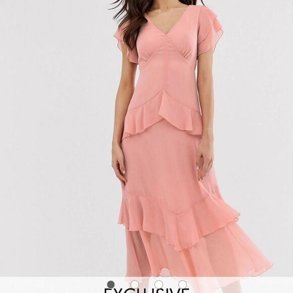 Warehouse tiered maxi dress with ruffles in pink size 8 - Picture 4 of 15